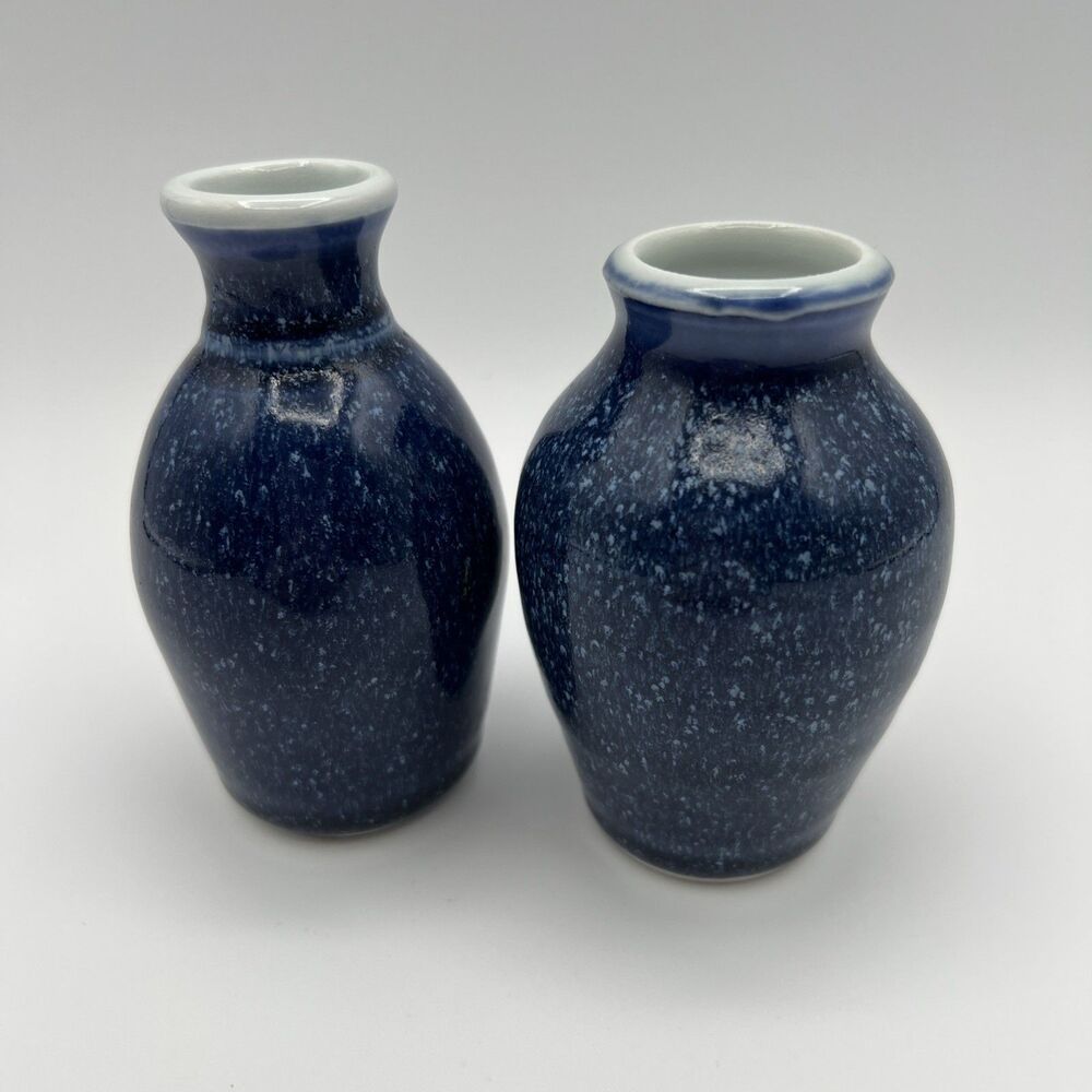 Vintage Elizabeth Krome Studio Pottery Stoneware Blue Bud Vase Set 2 Wedding